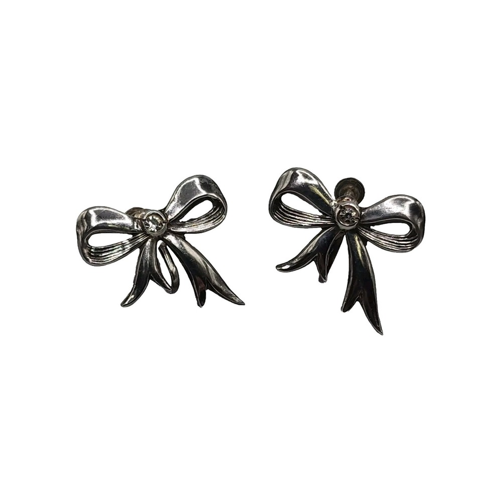 Sterling Silver Ribbon Bow Coquette Crystal Rhinestone Vintage Screwback Earring